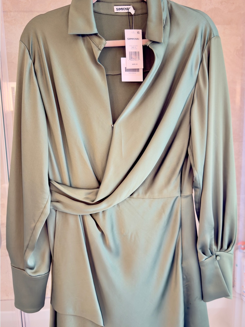 Jonathan Simkhai Sage Green Draped Long-Sleeve Dress